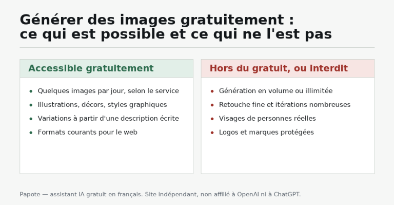 Deux colonnes comparant ce que la génération d’images gratuite permet — quelques images par jour, illustrations, variations — et ce qu’elle ne permet pas : volume illimité, retouche fine, visages réels, logos protégés.
