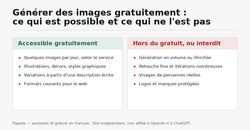 Deux colonnes comparant ce que la génération d’images gratuite permet — quelques images par jour, illustrations, variations — et ce qu’elle ne permet pas : volume illimité, retouche fine, visages réels, logos protégés.