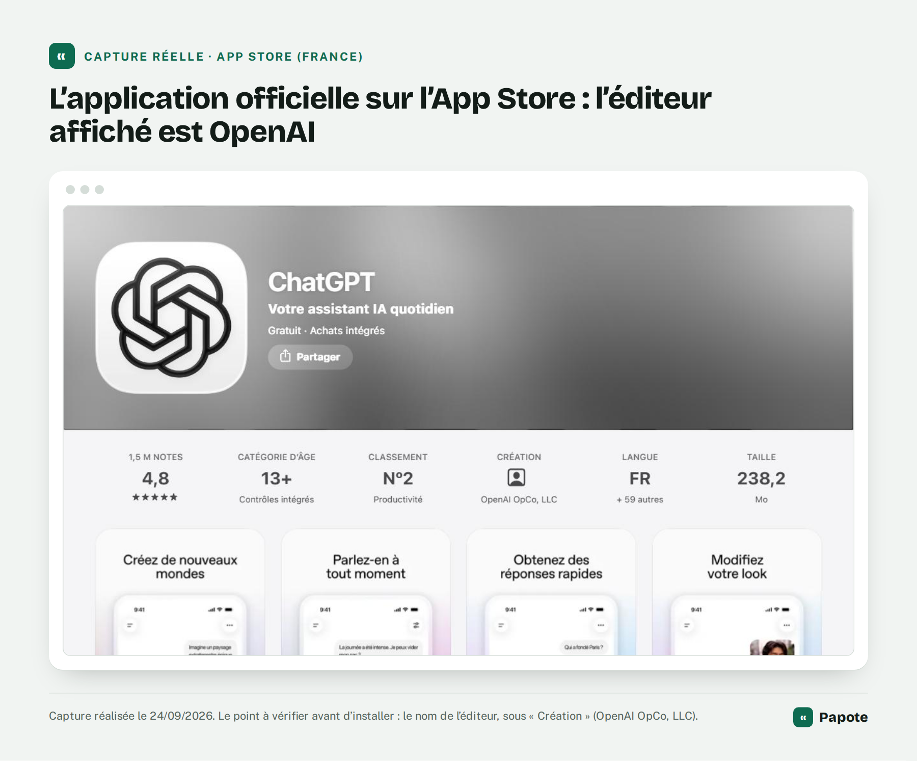 Fiche officielle de l’application ChatGPT sur l’App Store français, éditeur OpenAI OpCo, LLC