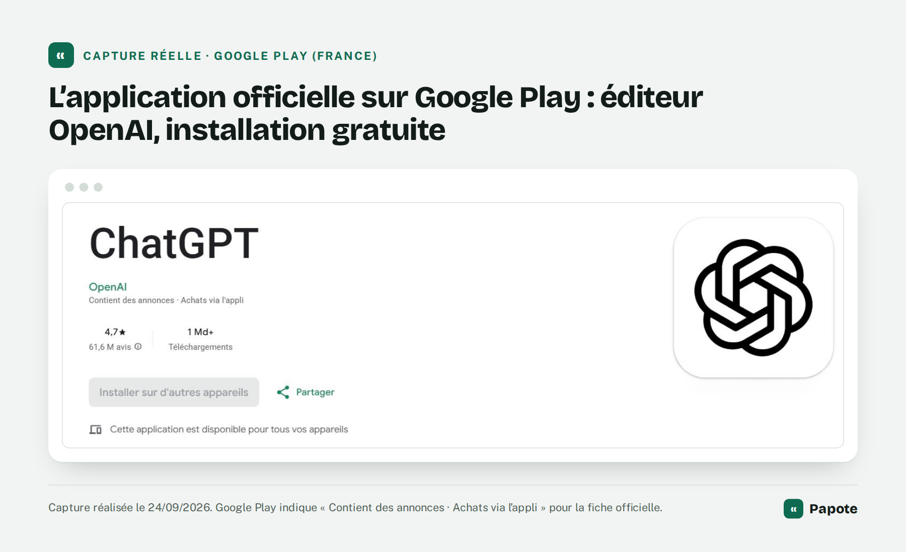 Fiche officielle de l’application ChatGPT sur Google Play, éditeur OpenAI