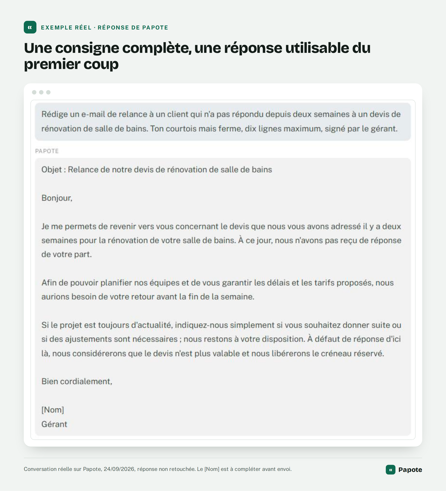 Réponse réelle de l’assistant Papote à une demande d’e-mail de relance pour un devis de rénovation