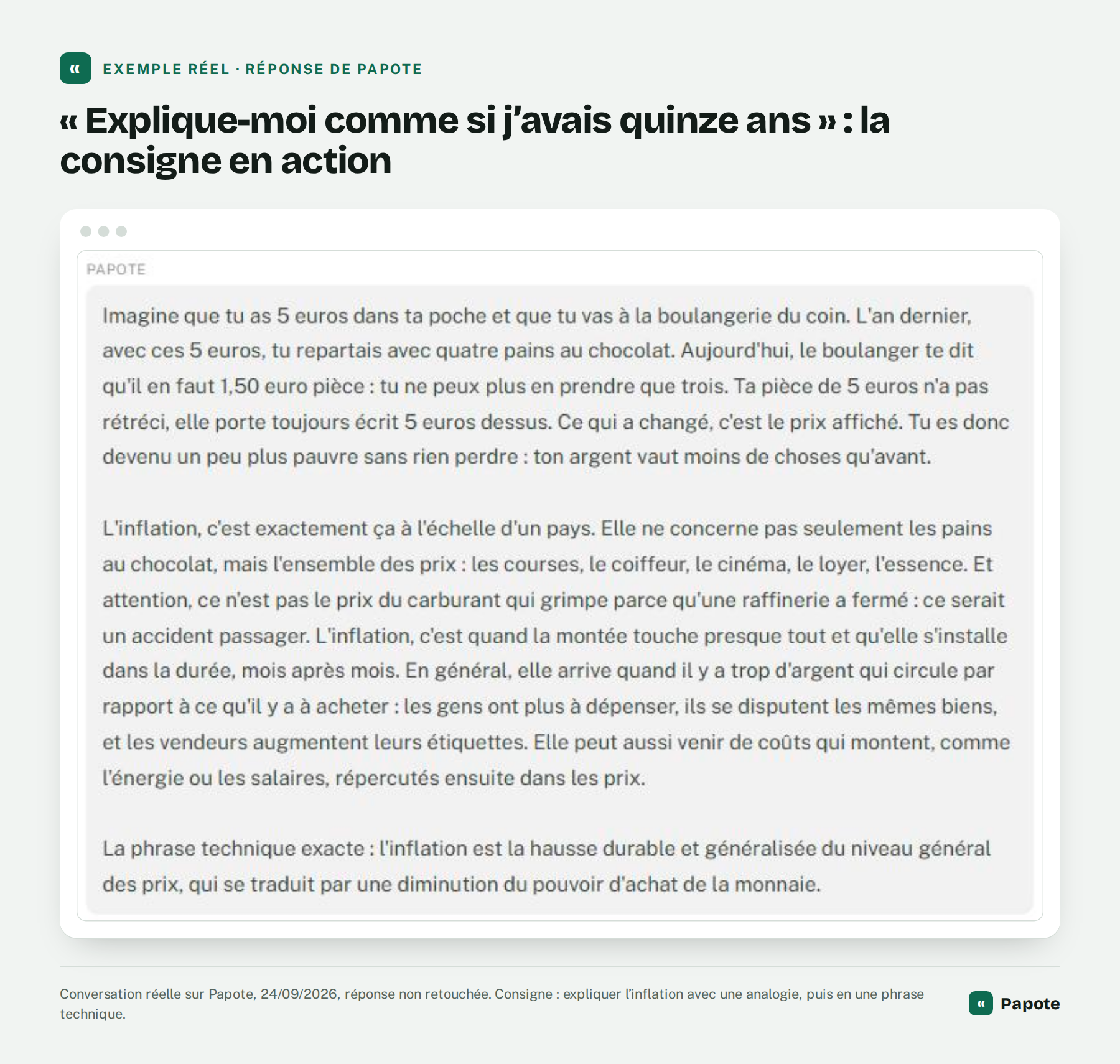 Réponse réelle de l’assistant Papote expliquant l’inflation avec une analogie de boulangerie puis une définition technique
